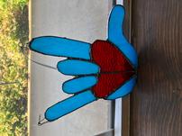 Handmade Stained Glass ASL "I Love You" Hands; Blue/Red 202//151